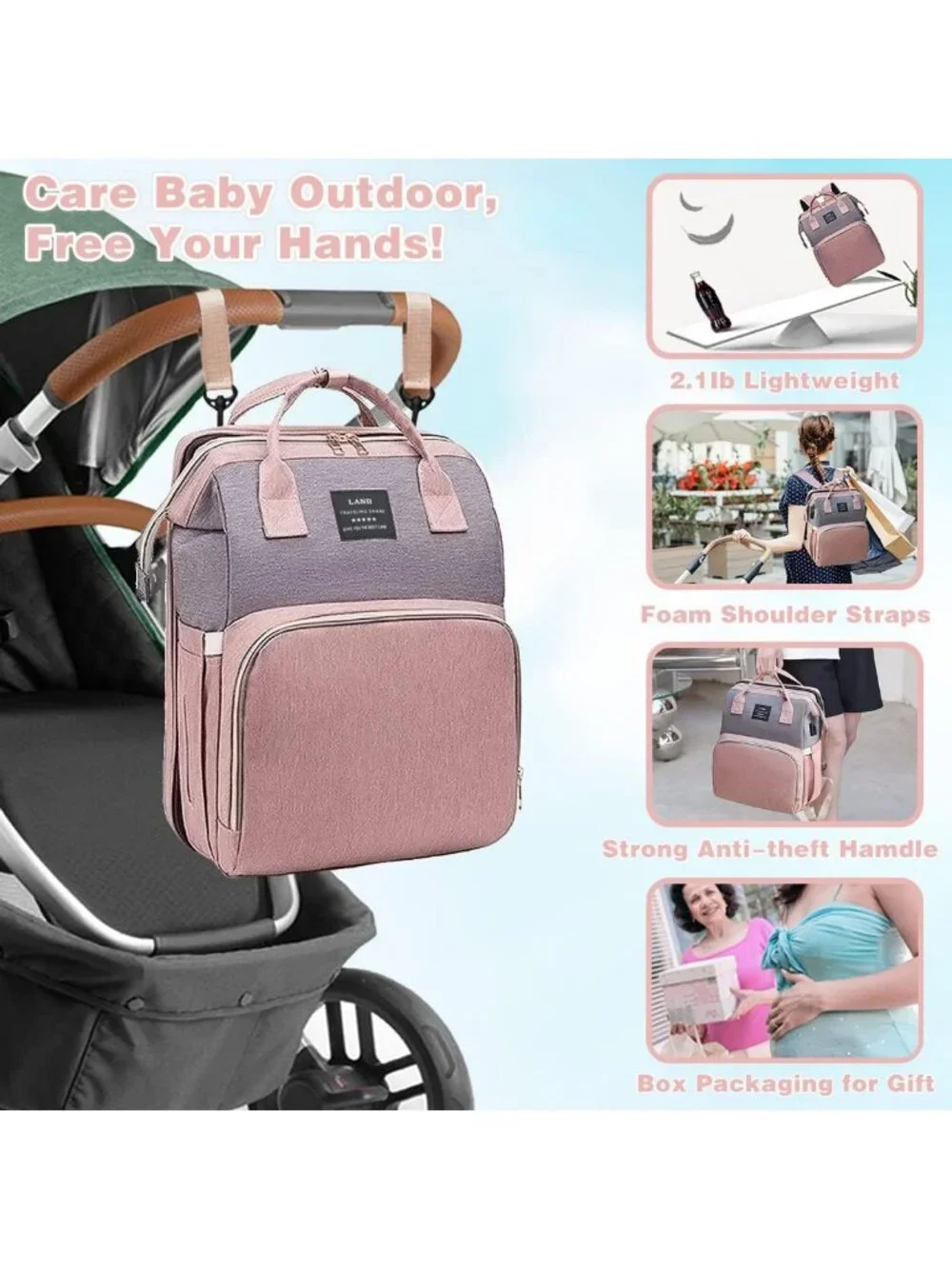 Stylish Waterproof Diaper Bag Backpack with Changing Station & USB Port - Large